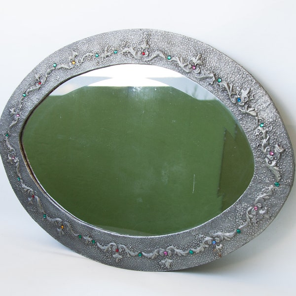 Miroir vintage, miroir oval, grand miroir biseauté, miroir bois et étain, made in Portugal, miroir mural, mirror