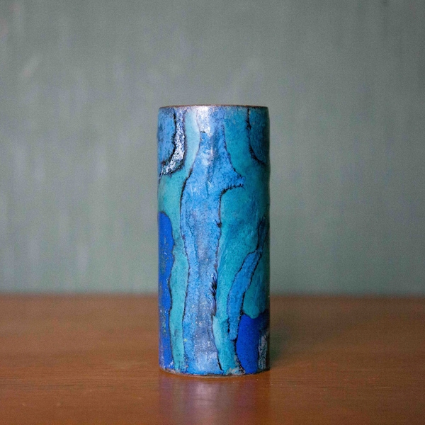 Vase cuivre émaillé bleu turquoise, vase vintage, vase rouleau, petit vase, collection, déco intérieur