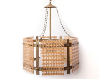 Vintage pendant light, rattan plexiglass pendant light with brass frame, globe ball, hexagonal pendant light, 70's