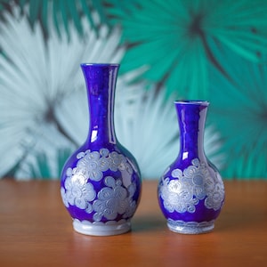 Pair of vintage vase, ceramic stoneware vase, vase signed Betschdorf, flower pot, blue vase with flower patterns, decorative vase, ceramic vase