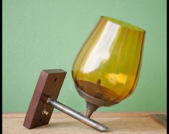 Vintage wall light, wall light, glass lampshade, amber glass, wall lamp, wood plate, industrial, amber glass lampshade, wall light
