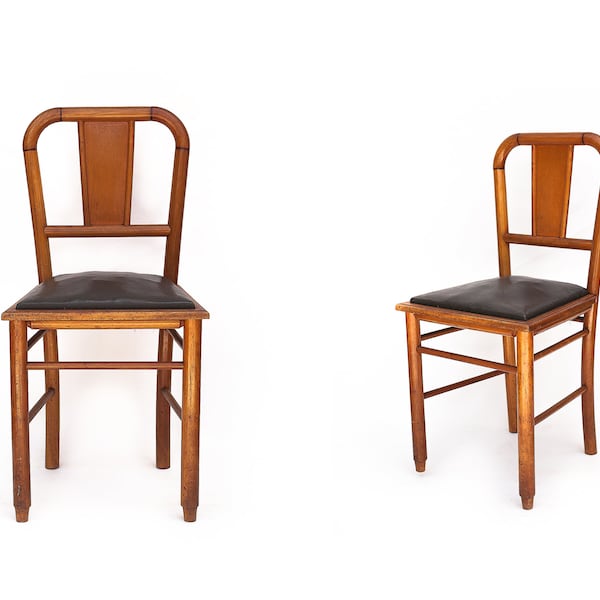 Chaise vintage, chaise bois, chaise ancienne, chaise d'appoint, chaise assise cuir simili orange, cuisine, wooden chair, 50's