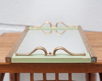 vintage houten en messing spiegelbak, dienblad, decoratief dienblad, bediende, keuken, decoratie, houten dienblad