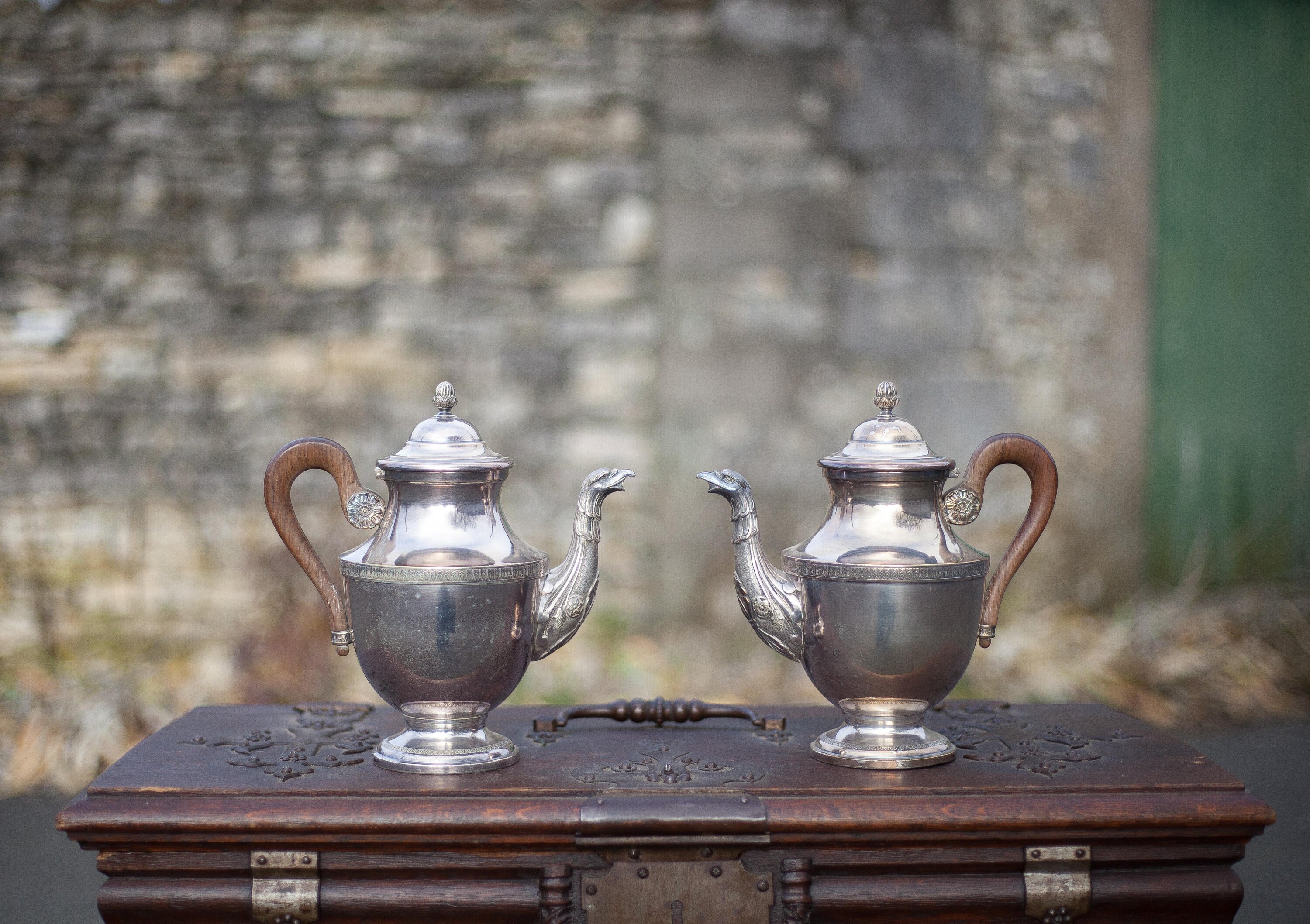 Apollo silver-plated teapot and coffeepot, zoomorphic teapot, zoomorphic coffeepot, tableware, 1900