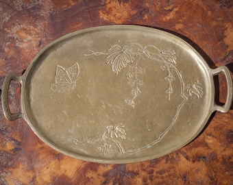 Vintage brass tray, tray with handles, engraved tray with butterfly pattern, table art, art nouveau, brass tray, 20's