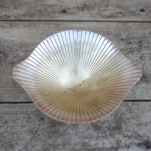 Peut inclure: Un bol en verre transparent avec un motif en forme de soleil. Le bol est légèrement iridescent et a un bord festonné.