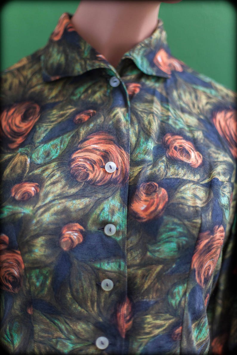 floral design shirt size 38 pink shirt pattern fr S three-quarter sleeves vintage shirt