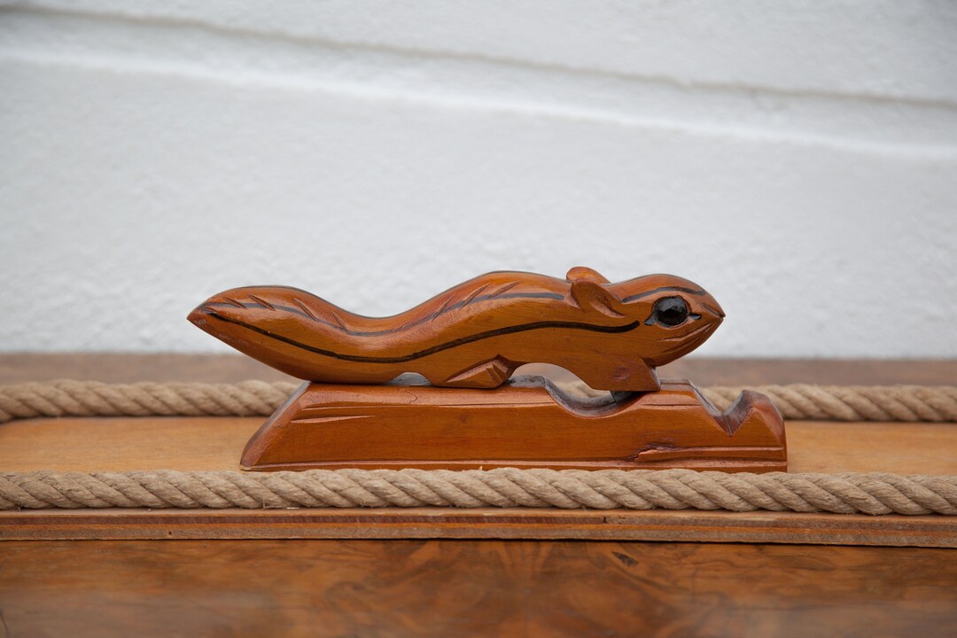 Vintage Wooden Nutcracker, Squirrel Nutcracker on Wooden Plate and Rope