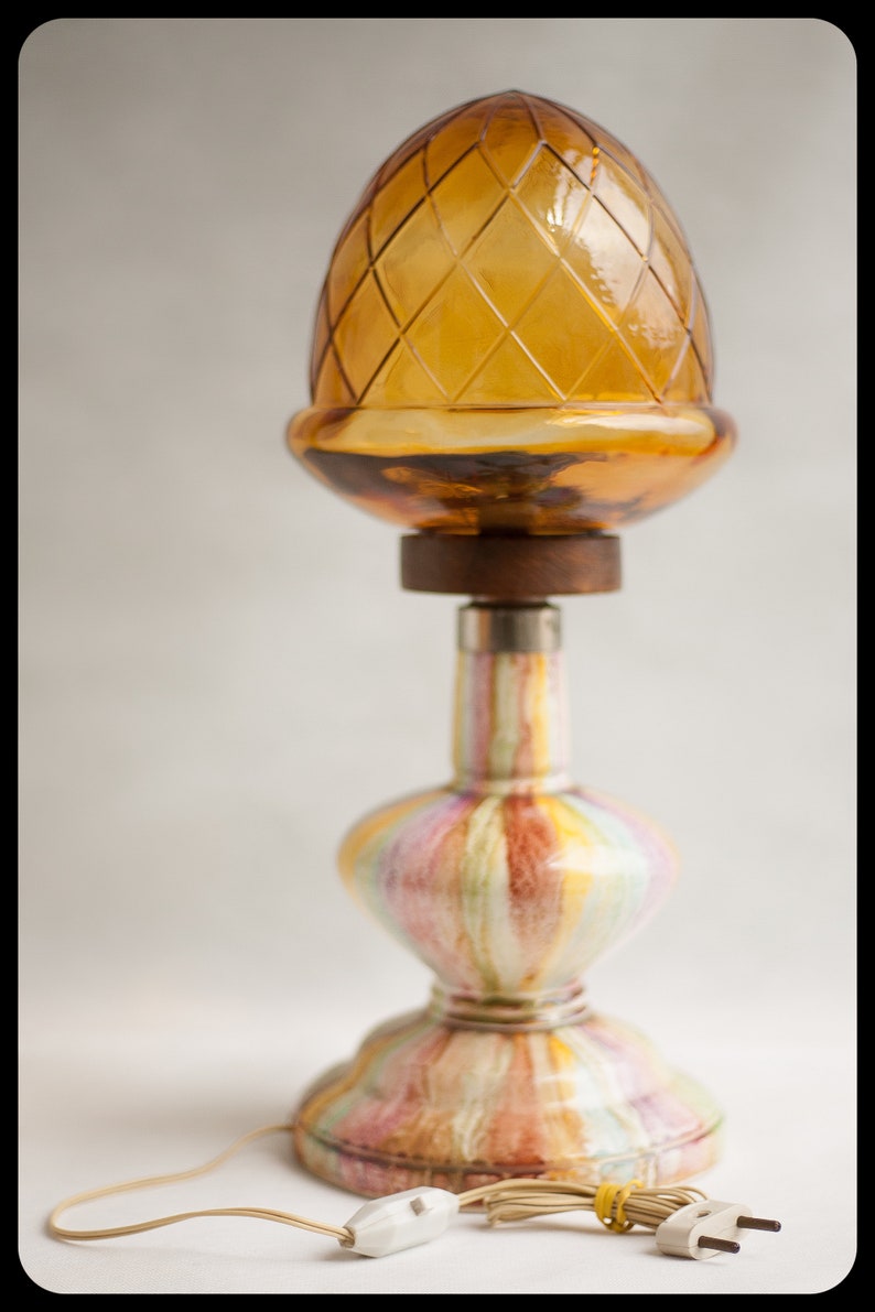 Portuguese amber glass Lampshade Vintage table lamp ceramic lamp base inside globe wood decoration bedside table