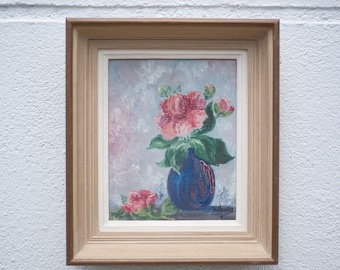 vintage schilderij, olieverfschilderij schilderij boeket bloemen, wanddecoratie, houten lijst, olieverfschilderij
