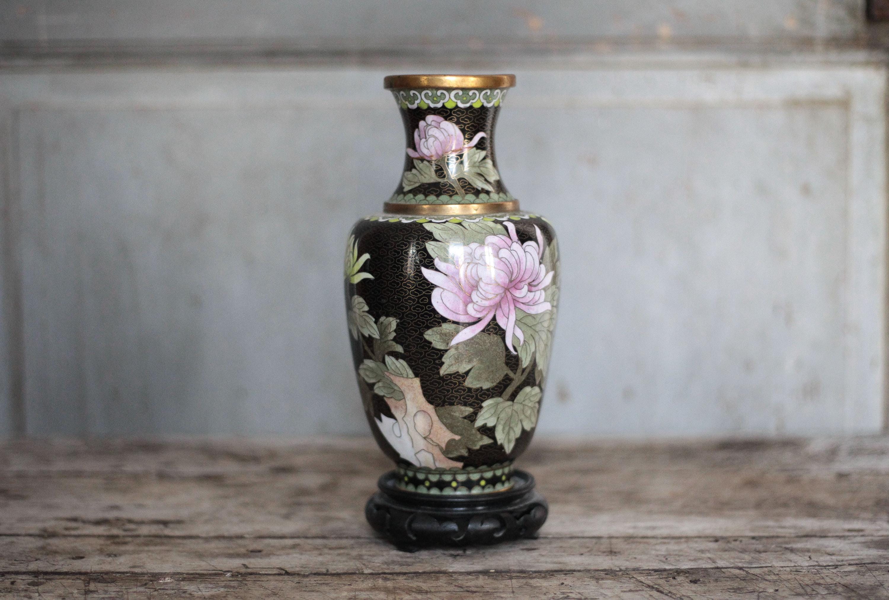 Vase Céramique Noire – Décor Floral Oiseau – Objet Déco Vintage