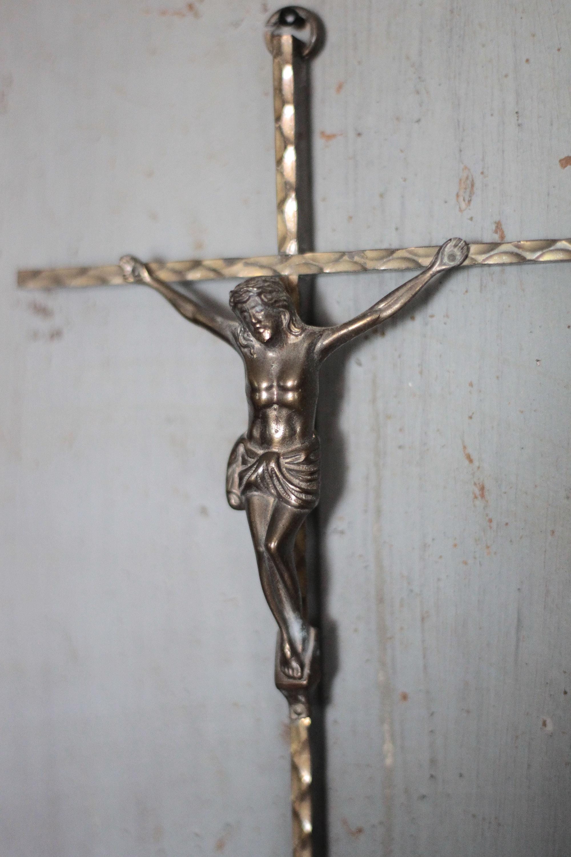 Vintage Cross, Wall Crucifix, Jesus, Christ on Hammered Brass