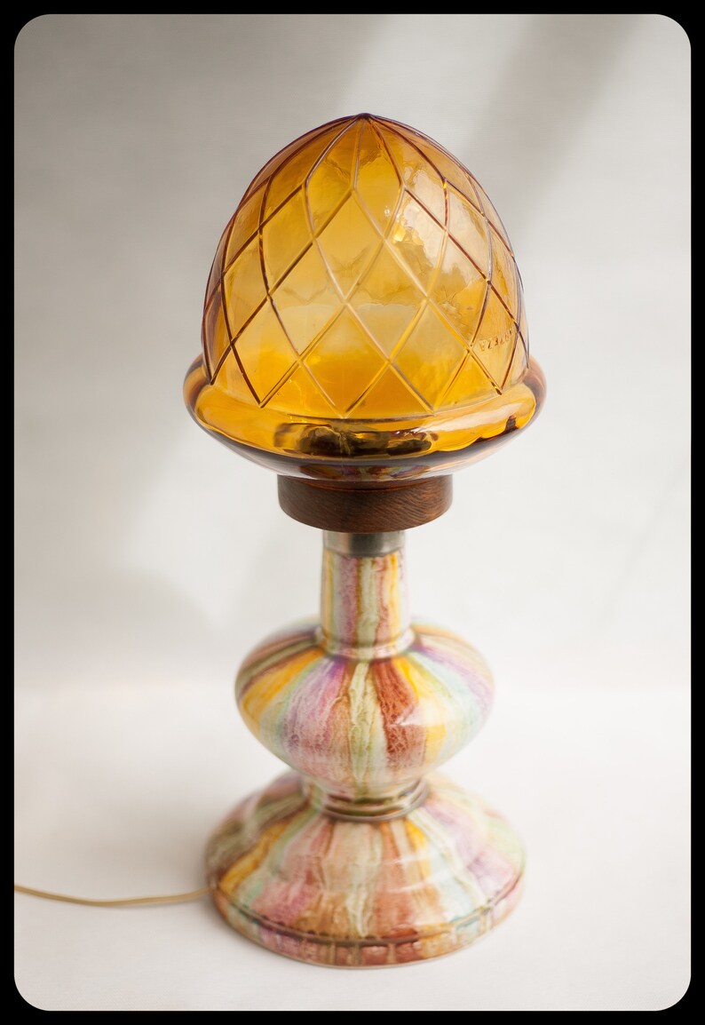 Portuguese amber glass Lampshade Vintage table lamp ceramic lamp base inside globe wood decoration bedside table