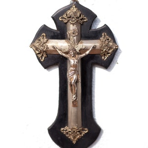 Blackened wooden cross Napoleon III, Jesus Christ, INRI, old cross, religious decoration, crucifix, religious cross, 19th century