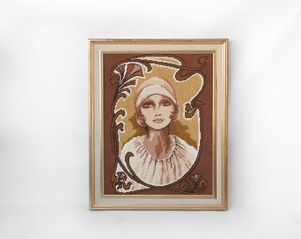 Vintage schilderij, muurschildering, ingelijst, kruissteek, tapijt, canvas, portret vrouw art deco, art nouveau, charleston, canvas