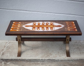 Table basse bois et céramique avec piétement en acier, table vintage, rétro, années 70