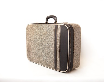 Vintage suitcase, cardboard suitcase, faux leather suitcase with tweed effect, vintage luggage, hand suitcase, trunk, interior decoration, luggage, 50's