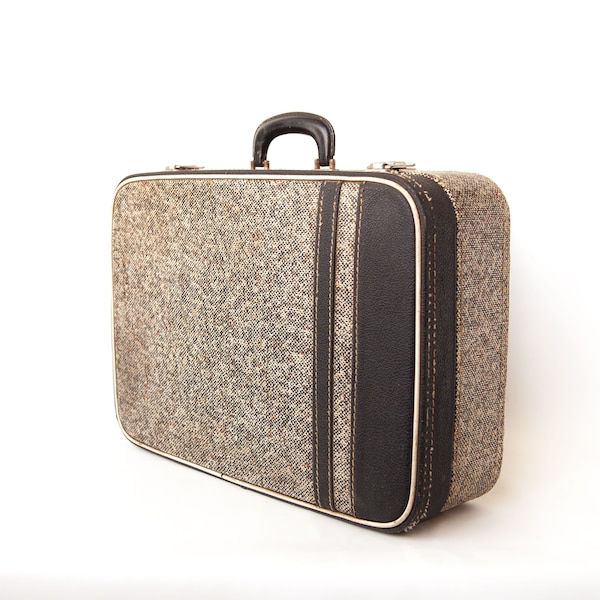 Valise vintage, valise carton, valise simili cuir effet tweed, bagage vintage, valise à main, malle, décoration intérieur, luggage, 50's