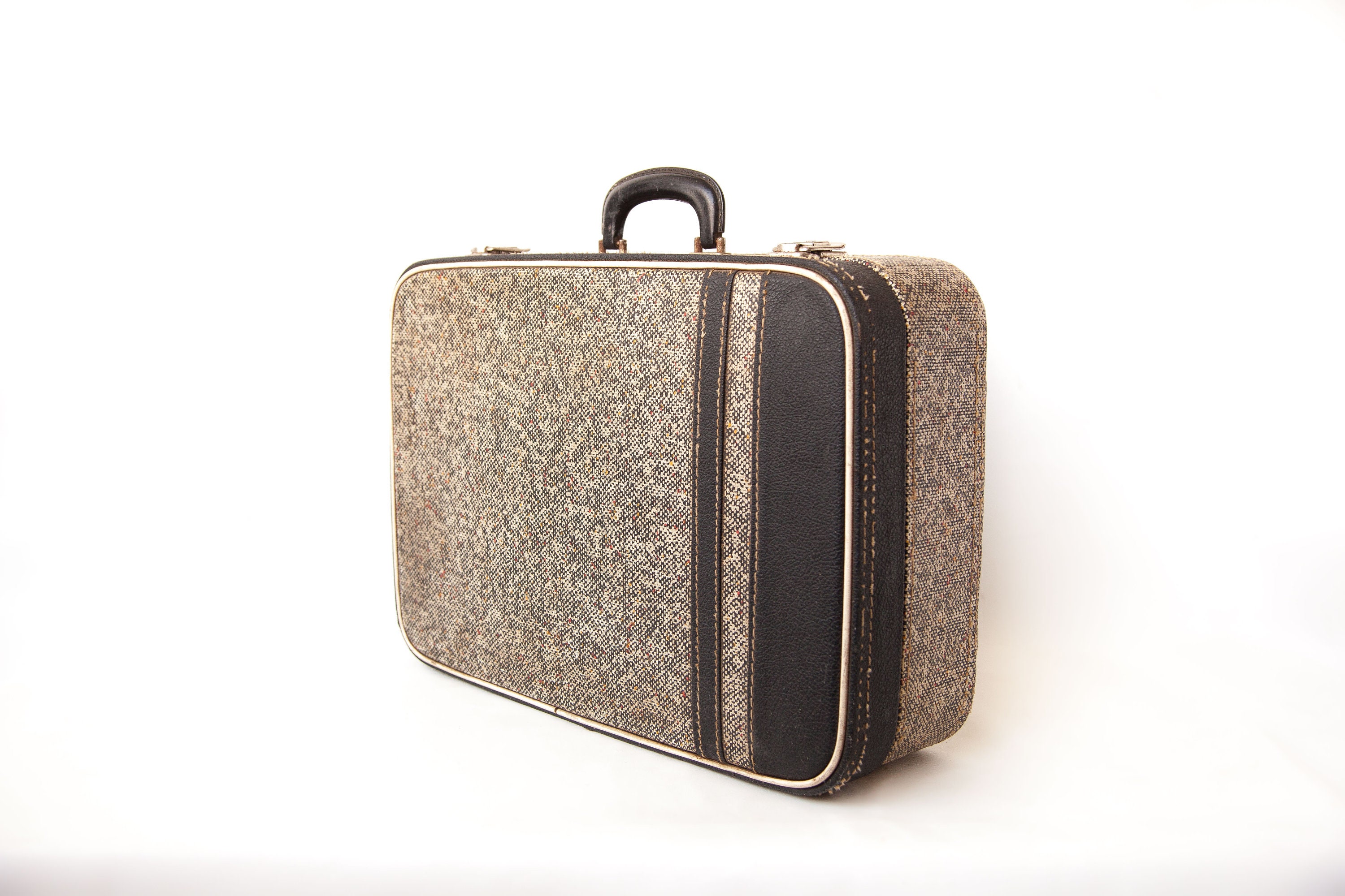 Valise Vintage Années 50/60 Avec Vanity Intégré - Faux Cuir Noir - Occasion