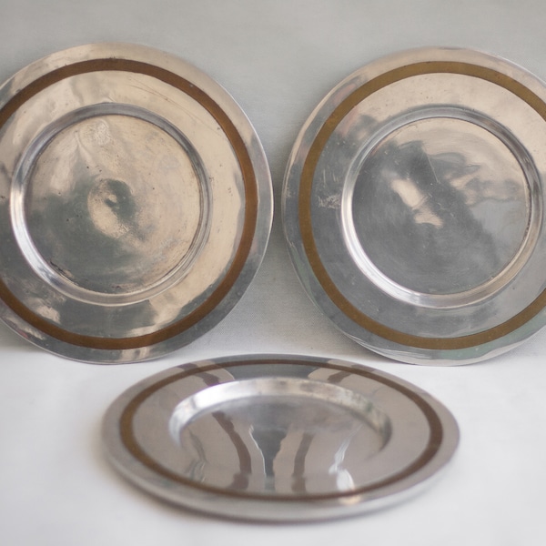 Plate Set X 3, large brushed aluminum and brass plate, modernist plate/tableware, large plate/aluminum / David Marshall