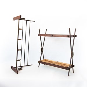 vintage coat rack and umbrella holder, wood and brass, cloakroom, hooks, umbrella stand Wall Coat Rack set
