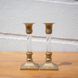pair of vintage candlesticks, brass and lucite candlesticks, candle holders, plexiglass column candlesticks, neoclassical, candle holder,candlestick