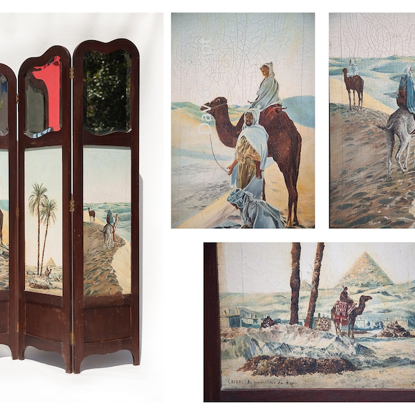 Paravent vintage, ancien paravent 3 panneaux, paravent bois avec miroir biseauté et peinture 1930, peinture orientaliste, Le caire, screen