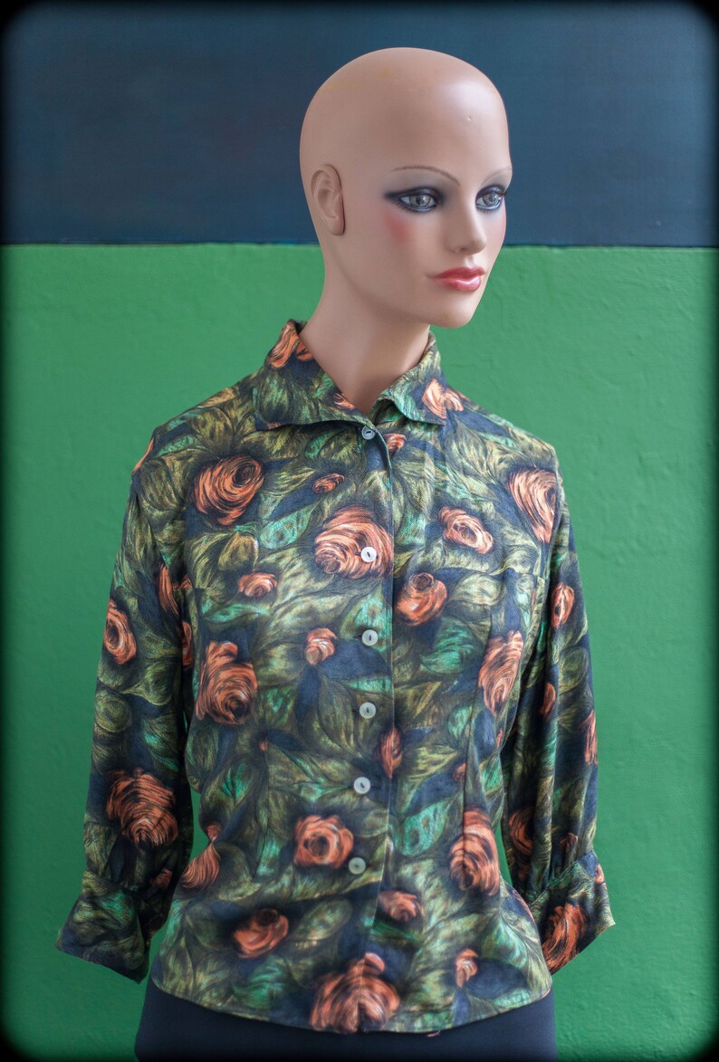floral design shirt size 38 pink shirt pattern fr S three-quarter sleeves vintage shirt