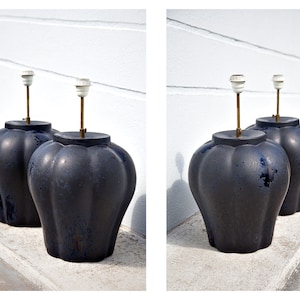 Large pair of XL ceramic lamp, midnight blue ceramic, blue pumpkin lamp, vintage lamp, living room lamp, adjustable stem, blue lamp