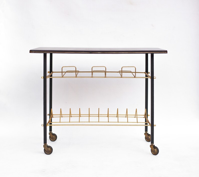 Vintage Serving Side Table Skateboard Imitation Formica And Metal Vinyl Door 60 S Storage