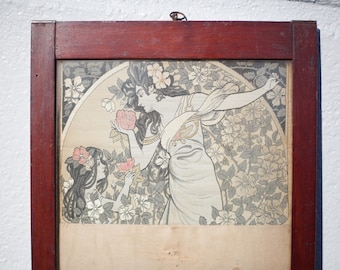May include: A framed vintage print of two women in a garden setting. The women are dressed in long flowing gowns and are surrounded by flowers and foliage. The print is in black and white with touches of pink and red.