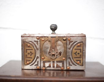 Antique Mauritanian chest, Tuareg Mauritanian wooden chest with ornate metal and copper mount, collectible, rare