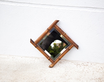 Espejo vintage, espejo de bambú antiguo, espejo biselado, espejo cuadrado, espejo antiguo, decoración de pared, espejo de bambú