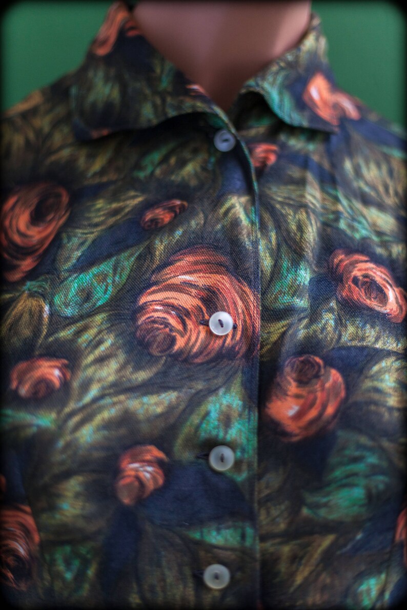 floral design shirt size 38 pink shirt pattern fr S three-quarter sleeves vintage shirt