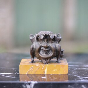 Satirical bronze inkwell, bronze inkwell on marble, antique anthropomorphic, collection, inkwell