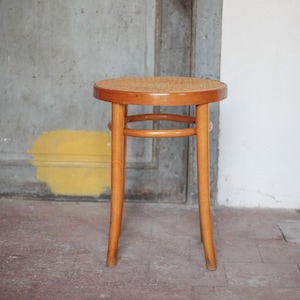 Vintage wooden and cane stool, stool made in Romania, curved wooden stool, interior decoration, design, country, chalet, stool