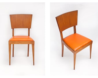 Chaise vintage, chaise bois, chaise ancienne, chaise d'appoint, chaise assise simili cuir orange, cuisine, wooden chair, 50's