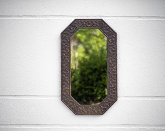 Repousse brass mirror, rockery mirror, octagonal mirror, wall mirror, art deco, wood and brass mirror, interior decoration, brass mirror