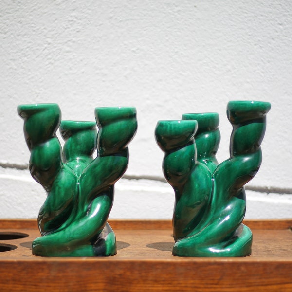 Pair of twisted green ceramic candlesticks, 3-branched candlestick, candelabra, emerald, Vallauris style, collection, decoration, candlestick pair