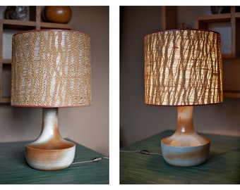 vintage lamp, table lamp, lampshade lamp, stoneware foot, macramé lampshade, living room lamp, home decor, 70's