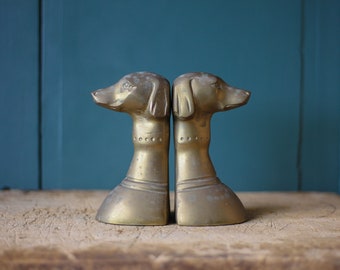 vintage brass dog head bookends, brass animals, paperweight, library, office, paperweight, bookends, home decor, dog brass