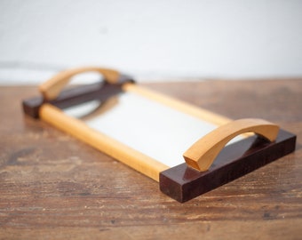 Art deco houten dienblad, spiegelblad, rechthoekig tweekleurig houten dienblad, decoratief dienblad, bediende, houten dienblad
