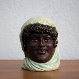 Polychrome terracotta tobacco pot signed Bernard Bloch, moorish woman tobacco pot, orientalist, collection, showcase object, nineteenth