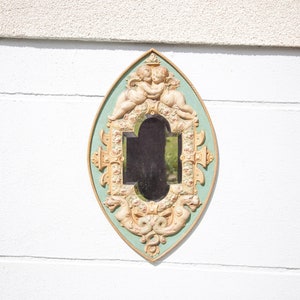 Angel and chimera embossed mirror, beveled mirror, oval mirror, wall mirror, old polychrome mirror, interior decoration, angel mirror