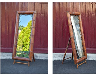 Miroir bambou sur pied, psyché bambou, grand miroir bambou vintage, dressing, chambre, 60's