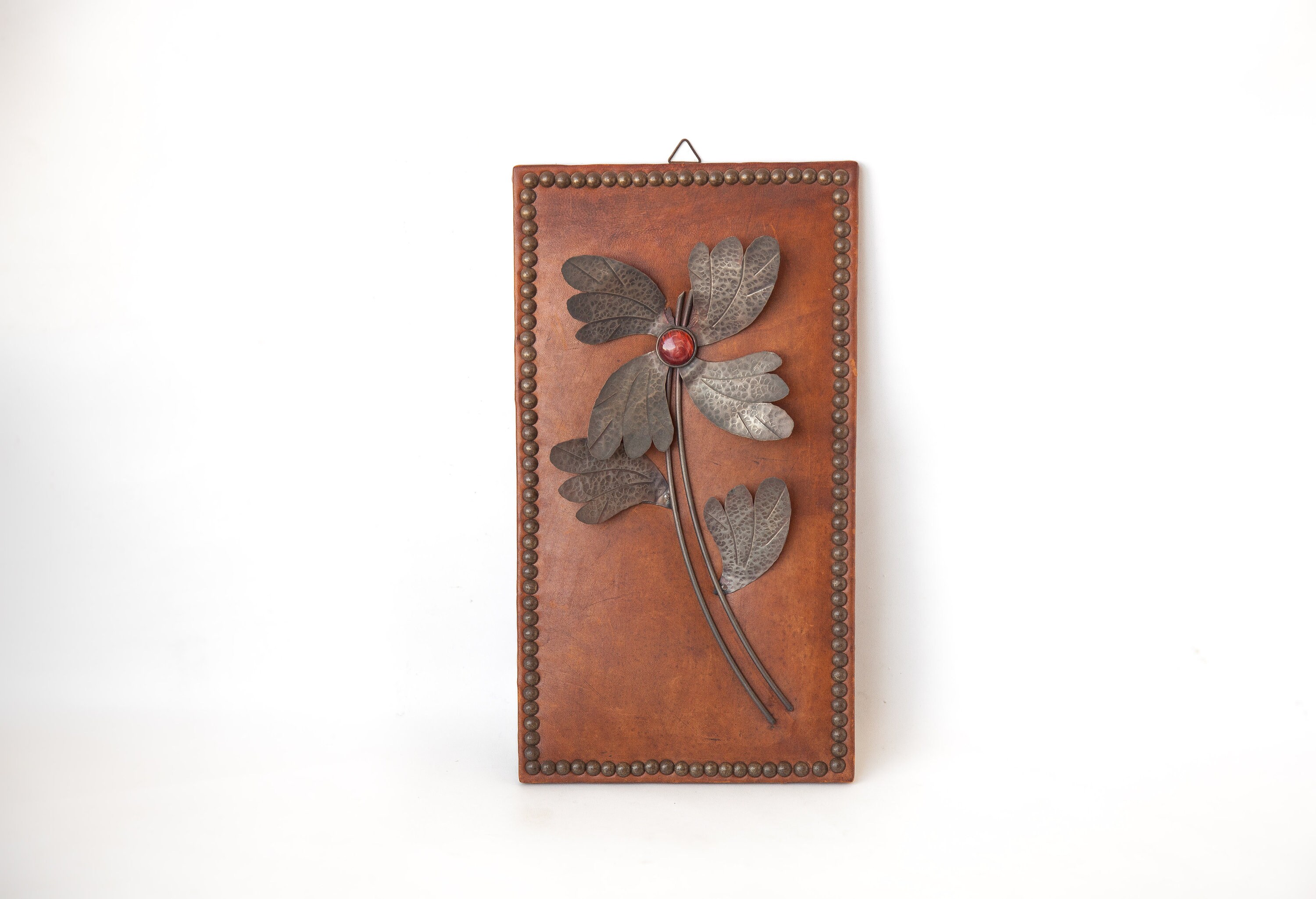 Vintage painting, decorative painting, wall painting, flower relief on studded leather, flower frame