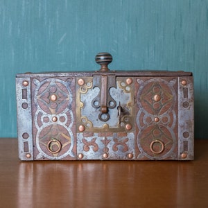 Old Mauritanian box, Mauritania Tuareg wooden chest with worked metal and copper frame, collection, rare