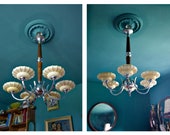 Art deco chandelier, art deco pendant lamp, 6-spoke opaline saucer pendant lamp, ceiling lamp, 30/40&#39;s