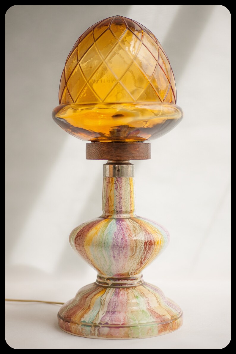 Portuguese amber glass Lampshade Vintage table lamp ceramic lamp base inside globe wood decoration bedside table