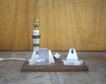 Desk lamp with photo holder and pen holder, aluminum and brass lamp, vintage lamp